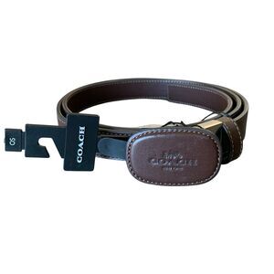 Coach Belt Plaque Buckle One Size CW737 42” Maple Brown Leather Silver-Tone NWT